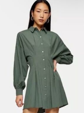Green Shirt Dress with Button Front